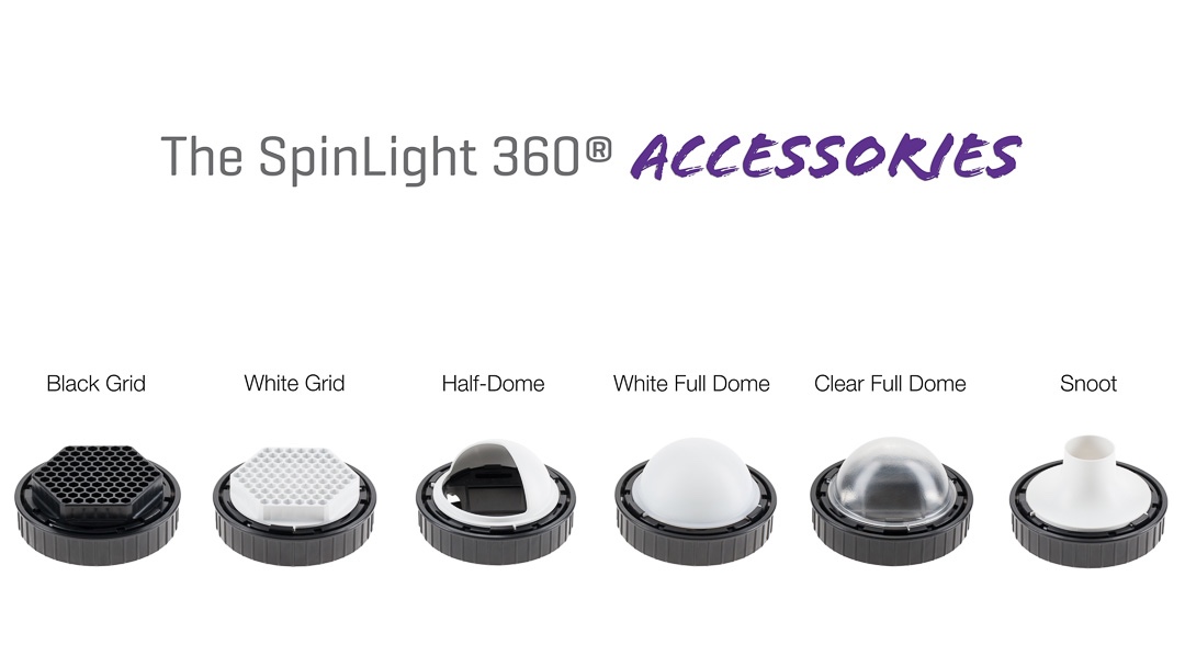 Spinlight 360 accessories black grid half-dome half dome white dome clear snoot Spinlight360.com
